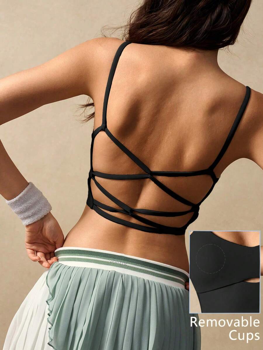 VARSIVA Women's Spaghetti Strap Hollow Back Criss-Cross Sports Bra, Sleeveless For Summer - Black - View 1