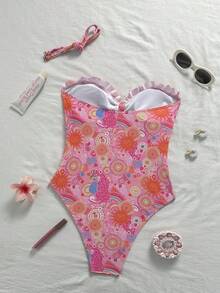 SHEIN Swim Mod Áo tắm liền thân cổ yếm viền bèo họa tiết hoa cho bé gái - Nhiều màu - Xem 2