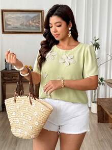 Weeklong Plus Size Women's Round Neck Knitted Floral Short Sleeve Solid Color Summer Elegant Lady Casual Blouse - Green - View 7