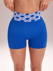 SHEIN Sports Pantalones cortos de mujer con patrón geométrico de punto sin costuras - azul real - Ver 3