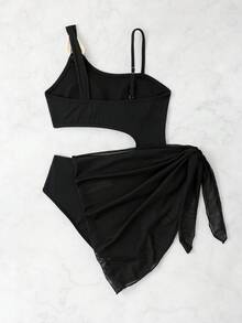 Bộ đồ bơi một mảnh cổ bất đối xứng màu đen cho bé gái tuổi teen kèm váy che đi biển, đồ bơi hai mảnh trang trí bằng kim loại - màu đen - Xem 2