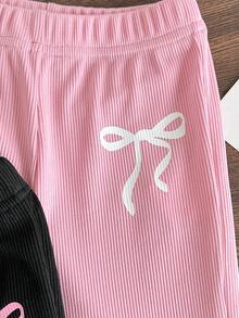 SHEIN 3pcs/Set Baby Girl Knit Flare Pants Elastic Waist Casual Leggings With Cute Heart Print Black Pink Autumn Casual Graduation Everyday Spring Summer - Multicolor - View 6