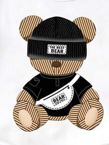 SHEIN Playful Pals 2件組 嬰幼兒中性 0-3歲 熊圖案圓領短袖上衣 & 鬆緊腰短褲套裝 黑白配色 夏季休閒可愛海灘服飾 - 黑色 - 查看 5