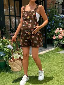 SHEIN 印花孕妇无袖灯芯绒连体裤，带背带 - 棕色 - 查看 8