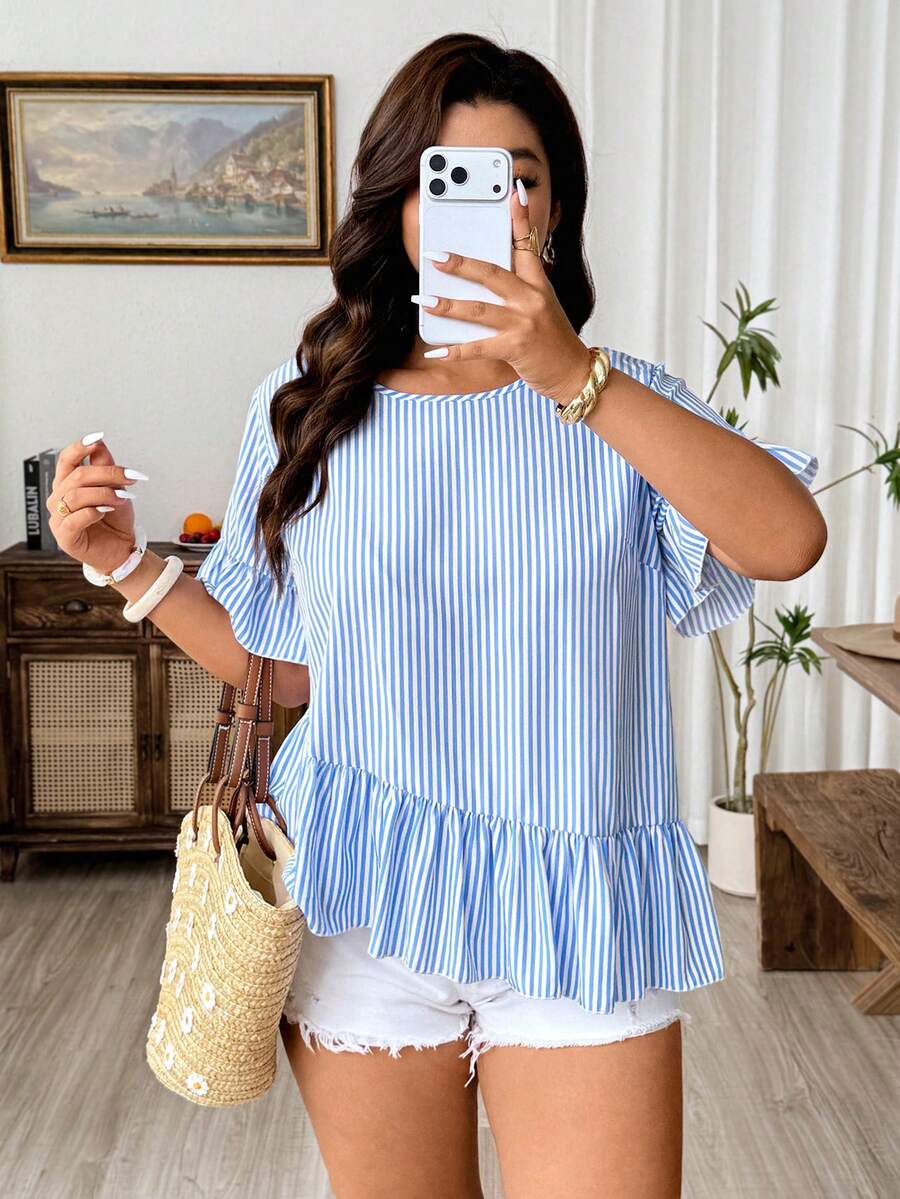 Weeklong Plus Size Women Casual Ruffle Sleeve Asymmetrical Hem Loose Blouse, Summer - Blue and White - View 1