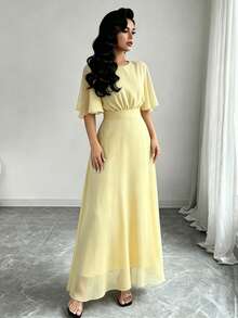 Modelyn Đầm maxi chiffon dáng suông, cổ tròn, tay bồng, bèo nhún, thanh lịch dành cho nữ, thích hợp cho mùa xuân/hè. - Màu vàng ngỗng - Xem 5