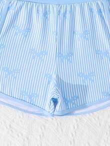 SHEIN Tween Girls Blue White Striped Tankini Swimwear,Cute Bow Knit Fabric Long Sleeve Zipper Top & Shorts Set,Summer Casual Holiday Beach Pool Pool Party - Baby Blue - View 5