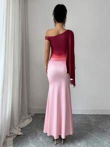 Modelyn 玫瑰红渐变不对称露肩喇叭袖褶皱腰身鱼尾连衣裙（女款） - 玫瑰紅 - 查看 3
