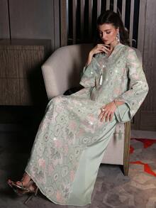 Layrah Luxurious Beaded Embroidered Stand Collar Asymmetric Flare Sleeve Robe, Spring/Summer - Mint Green - View 10
