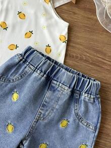 SHEIN Bộ áo yếm và quần short in hình quả anh đào cho bé gái, họa tiết thêu thời trang. - Màu vàng - Xem 8
