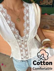 Aloruh Women's Contrast Lace Deep V Sexy Blouse - White - View 1