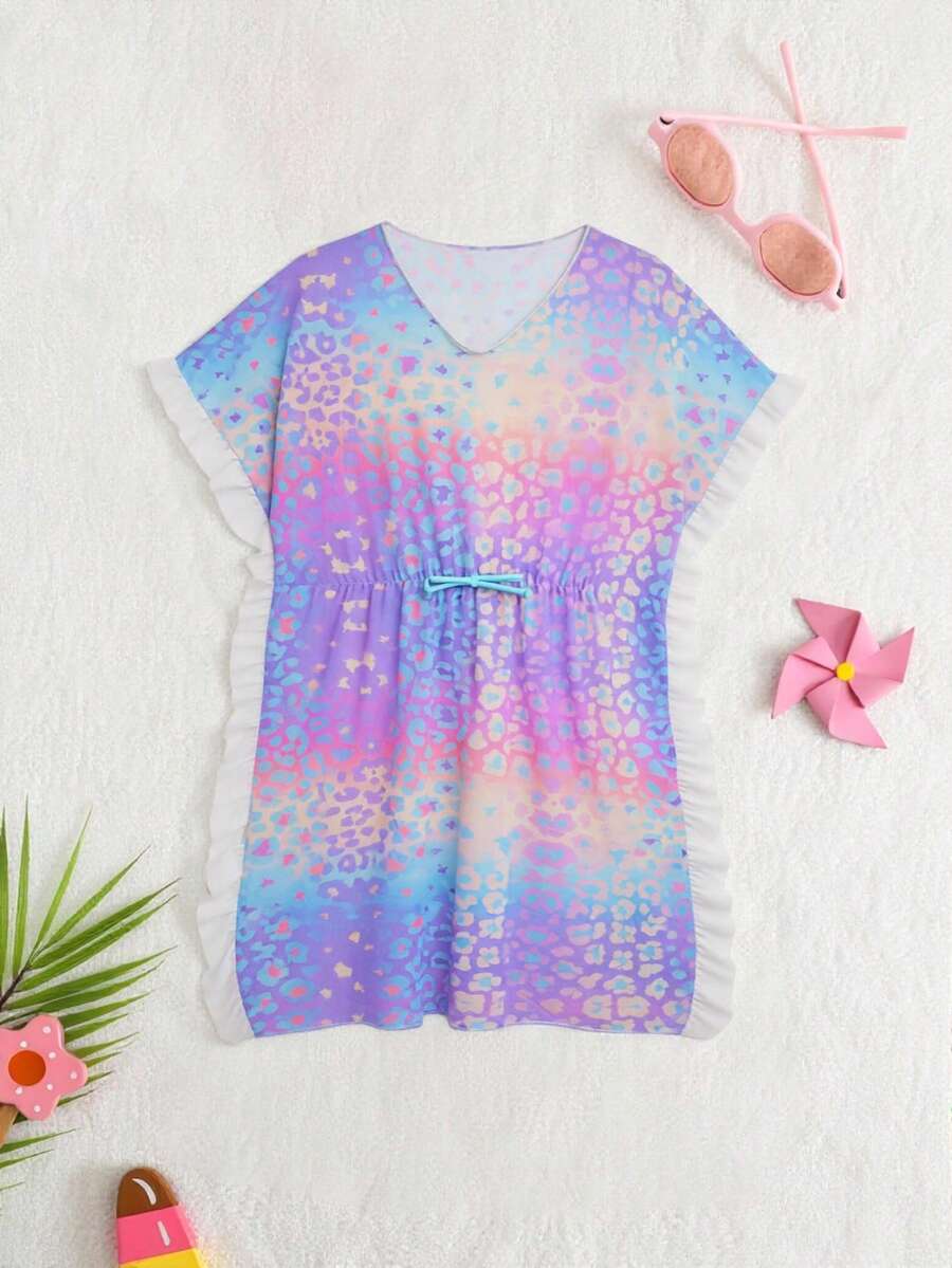 SHEIN Tween Girl Leopard Print Batwing Sleeve Cover-Up Dress Summer Holiday - Multicolor - View 1