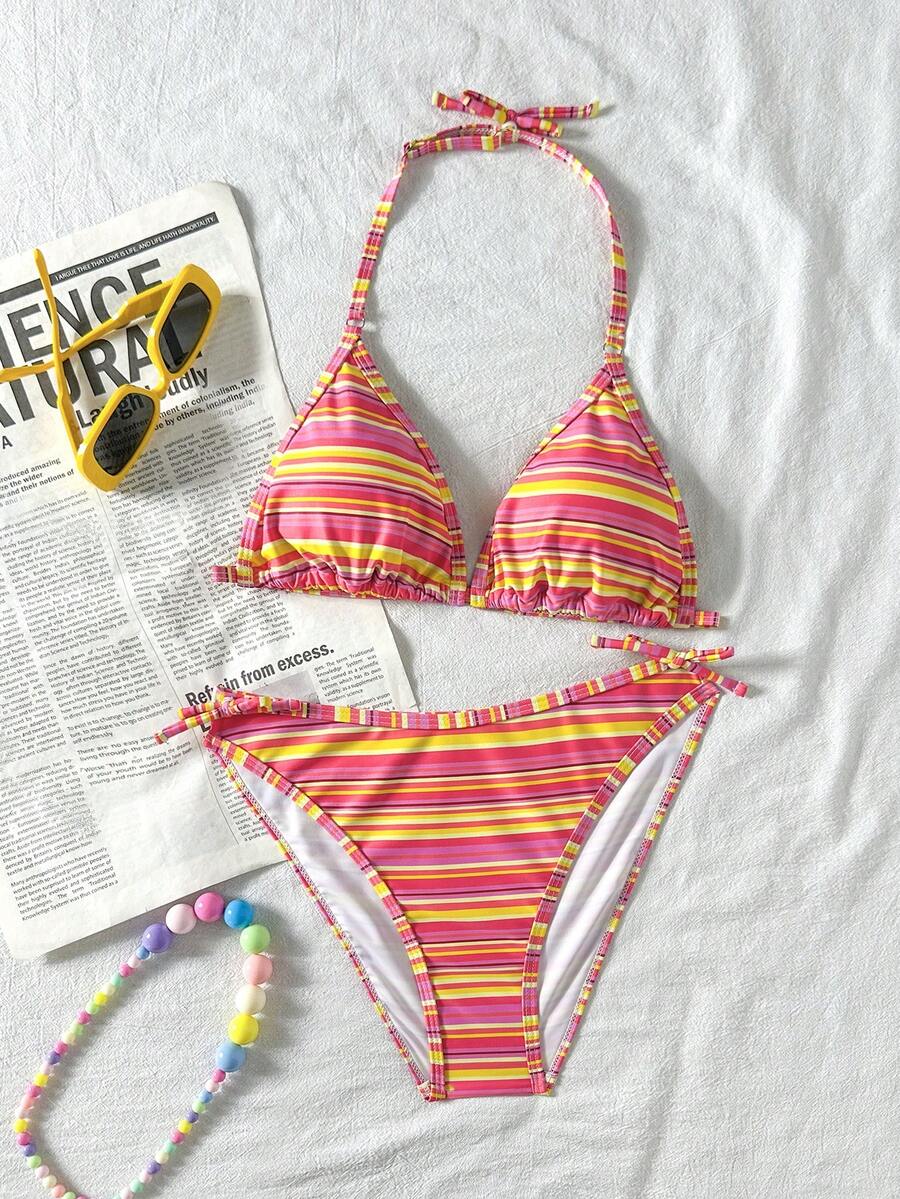 SHEIN Bộ bikini hai mảnh kẻ sọc cầu vồng dành cho thiếu nữ, đồ bơi thời trang tối giản cho kỳ nghỉ hè ở bãi biển. - Nhiều màu - Xem 1