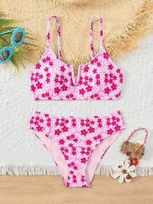 SHEIN Tween Girl Spaghetti Strap Floral Print Bikini Top And Bottoms Swimwear Set - Hot Pink - View 1