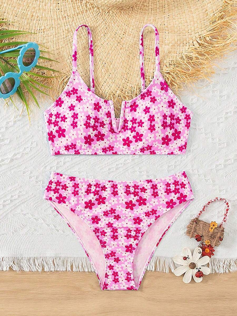 SHEIN Tween Girl Spaghetti Strap Floral Print Bikini Top And Bottoms Swimwear Set - Hot Pink - View 1
