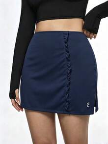 Eassivo 女士荷叶边侧开衩运动裙裤，瑜伽服 - 藏蓝色 - 查看 8
