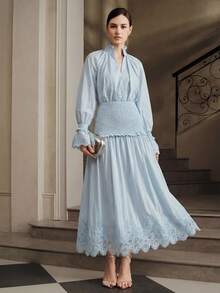 Anewsta Falda elegante de mujer con volantes, encaje calado y corte ajustado, diseño de nueva temporada para vacaciones y uso casual - Azul - Ver 5