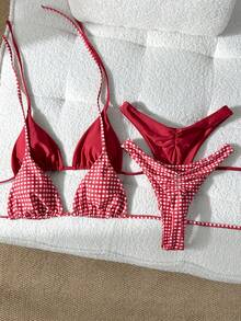 Swim Vcay Bộ đồ bơi 4 món họa tiết cây cọ, dây buộc cổ màu trơn, bộ đồ bơi đi biển thanh lịch dành cho nữ, thích hợp cho mùa xuân/hè. - Đỏ - Xem 1