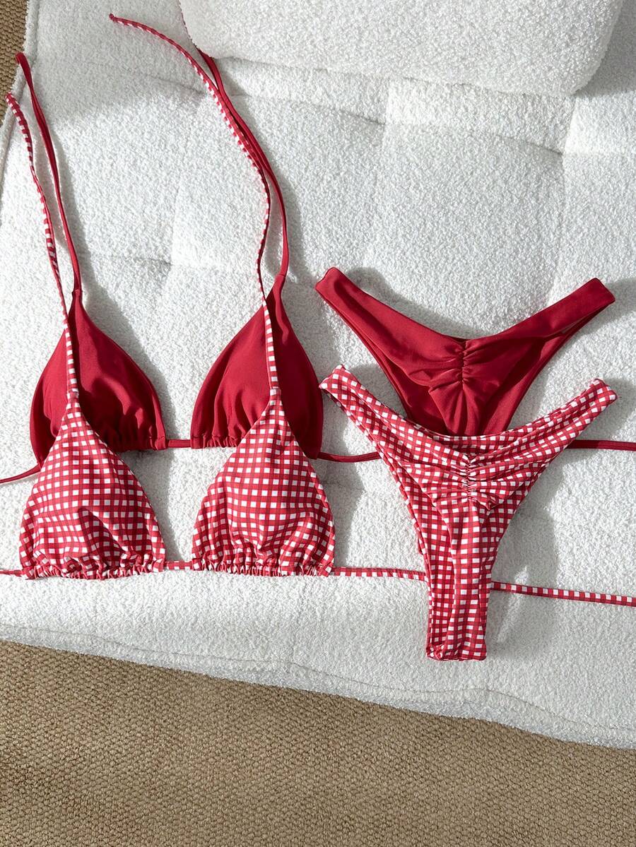 Swim Vcay Bộ đồ bơi 4 món họa tiết cây cọ, dây buộc cổ màu trơn, bộ đồ bơi đi biển thanh lịch dành cho nữ, thích hợp cho mùa xuân/hè. - Đỏ - Xem 1