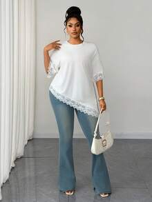 Maweii Camiseta de talla grande de verano, de unicolor, con parches de encaje y bajo asimétrico - Blanco - Ver 6