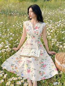 SHEIN PETITE Floral Print V-Neck Waist Cinched Sleeveless Romantic Elegant Vintage Sweet Lady's Dress, Suitable For Vacation And Commute - Multicolor - View 6