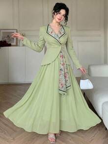Modelyn Bộ 2 món nữ dự tiệc cưới mùa hè màu xanh lá xám, áo blazer ôm cổ bẻ in họa tiết & chân váy xòe voan hoa sang trọng - màu xanh lá - Xem 4