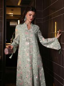 Layrah Luxurious Beaded Embroidered Stand Collar Asymmetric Flare Sleeve Robe, Spring/Summer - Mint Green - View 5