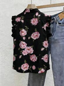 SHEIN Franclia Women's Floral Print Ruffle Trim Vacation Blouse - Pink - View 2