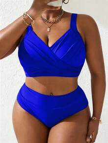 SHEIN Slayr CURVE Plus Size Women 2pcs Black & Pink Splice Ruched Tankini Swimsuit Set, Summer Beach Holiday - Royal Blue - View 4