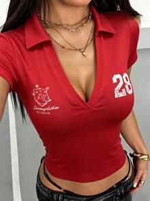 StreetHx 女士红色针织白色印花短袖T恤，夏季 - 紅色 - 查看 3