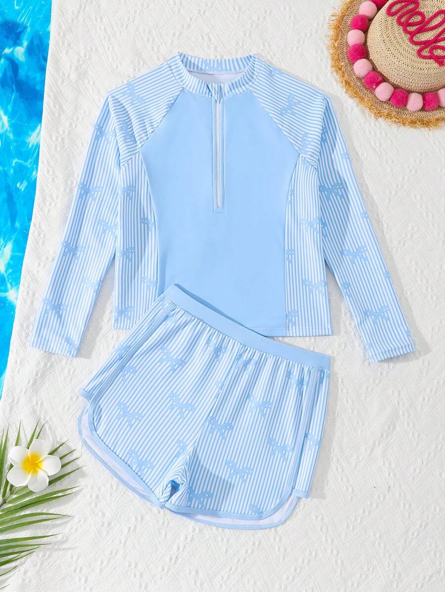 SHEIN Tween Girls Blue White Striped Tankini Swimwear,Cute Bow Knit Fabric Long Sleeve Zipper Top & Shorts Set,Summer Casual Holiday Beach Pool Pool Party - Baby Blue - View 1