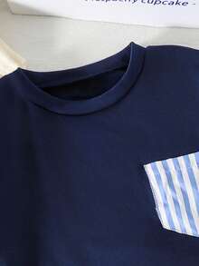 Souflis Souflis 2pcs/Set Toddler Boys' Casual Comfortable Graphic Print Round Neck Raglan Top And Striped Shorts, Suitable For Spring/Summer Outdoor Play Daily Wear - Blue - View 3
