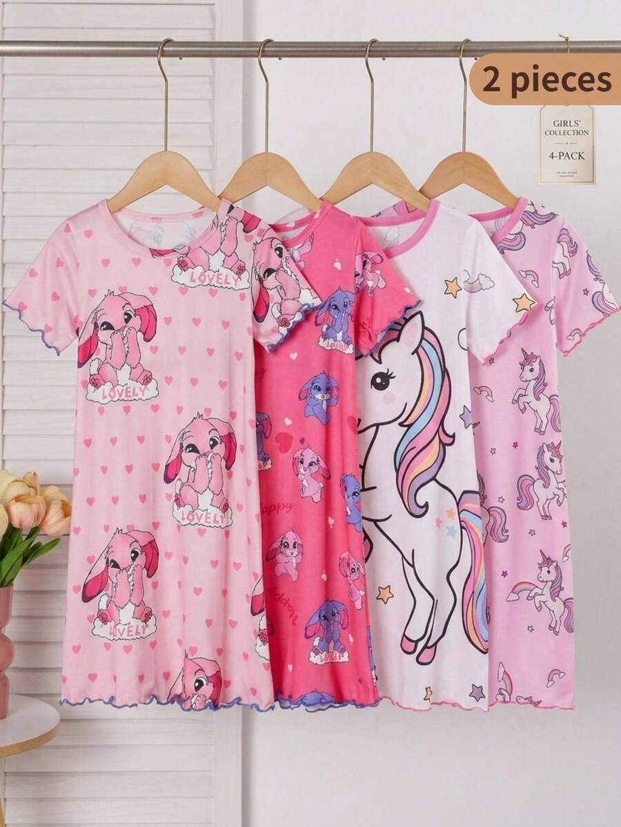 两件套女童睡衣,可爱卡通兔子图案,包括浅粉色满印兔子爱心“LOVELY”字样和深粉色满印蓝粉兔子爱心图案,轻薄柔软,简约设计,适合夏季穿着,弹性好,可机洗,穿着舒适(两件分开出售) - 粉色 - 查看 1