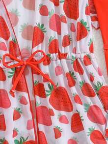 Conjunto de bikini con estampado de limón y kimono cardigan para niñas, traje de baño amarillo de 3 piezas con volantes para niñas preadolescentes, conjunto de playa dulce y lindo, adecuado para vacaciones de verano - Rojo - Ver 5