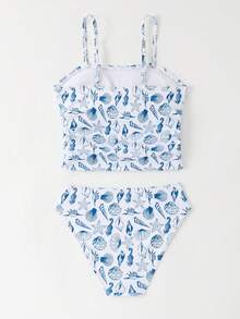 SHEIN 2pcs Tween Girl Marine Life Print Spaghetti Strap Tankini Set, Cute Swimwear, Suitable For Travel, Holiday, Beach - Multicolor - View 2