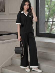 SHEIN Bộ đồ thường ngày đa năng cho nữ tuổi teen, màu đen trắng, không tay cổ tròn, phối viền tương phản, gồm áo thun và quần ống rộng dệt kim. - màu đen - Xem 5