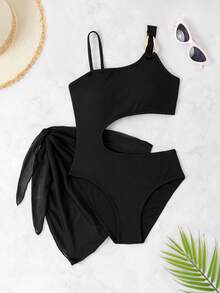 Bộ đồ bơi một mảnh cổ bất đối xứng màu đen cho bé gái tuổi teen kèm váy che đi biển, đồ bơi hai mảnh trang trí bằng kim loại - màu đen - Xem 1