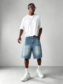 Manfinity EMRG Quần short denim rách gấu thêu hình ngôi sao phong cách đường phố châu Âu và Mỹ, unisex. - Màu xanh lam - Xem 5
