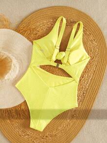 Swim Vcay 2026 Spring/Summer Apricot Polka Dot Textured Fabric Sleeveless Chest Tie Design Sweet One-Piece Bikini Swimsuit For Women - Yellow - View 2