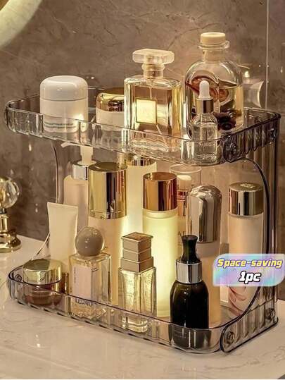 SHEIN 1pc High-Grade Bathroom Vanity Cosmetic Perfume Storage Rack, Two-Layer Storage Shelf For Dressing Table, Home Skin Care Product Storage Box, Simple Transparent Storage Box