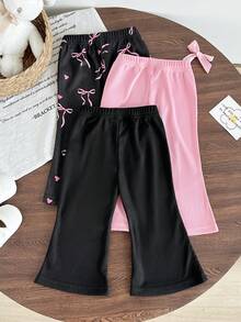 SHEIN 3pcs/Set Baby Girl Knit Flare Pants Elastic Waist Casual Leggings With Cute Heart Print Black Pink Autumn Casual Graduation Everyday Spring Summer - Multicolor - View 3