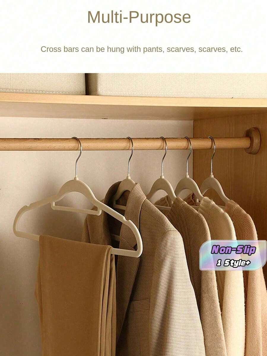 10 piezas de perchas con superficie aterciopelada antideslizante y sin protuberancias para organización del armario en el hogar, estantes ahorradores de espacio, elementos esenciales para organizar la ropa - beige - Ver 1