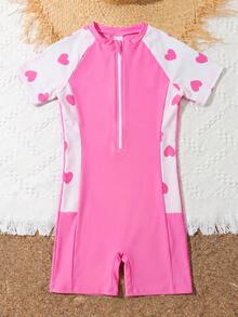 SHEIN DS72 Tween 女童连体拉链泳衣，夏季时尚 - 粉色 - 查看 1