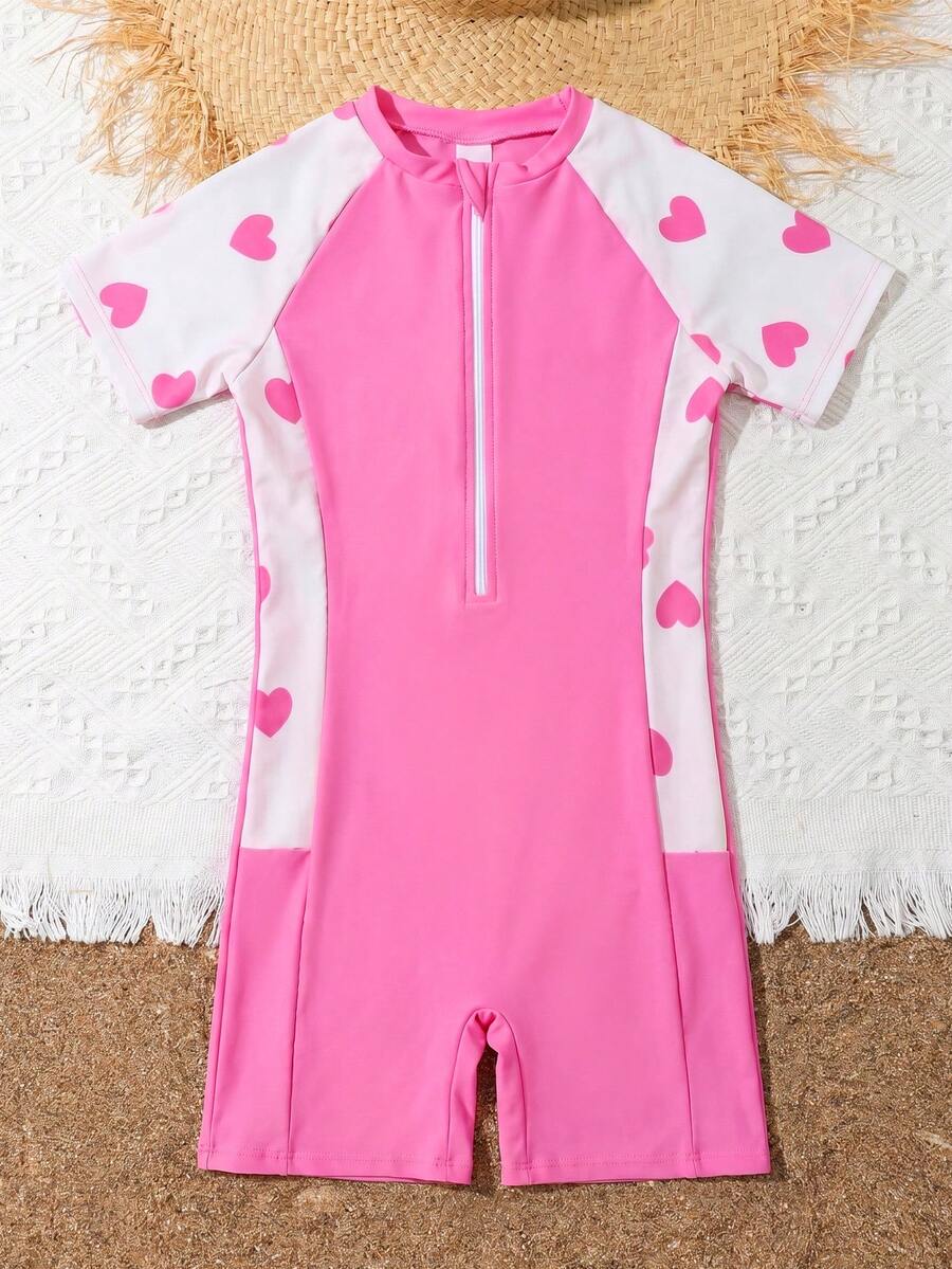 SHEIN DS72 Tween 女童连体拉链泳衣，夏季时尚 - 粉色 - 查看 1