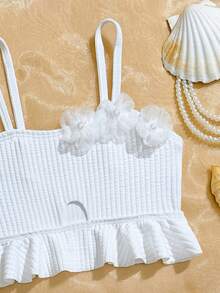 Conjunto de bikini de 2 piezas con decoración floral de unicolor para niñas jóvenes - Blanco - Ver 5