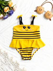 Newborn Baby Girl Cute Yellow Bee Ruffle One-Piece Swimsuit - Yellow - View 1