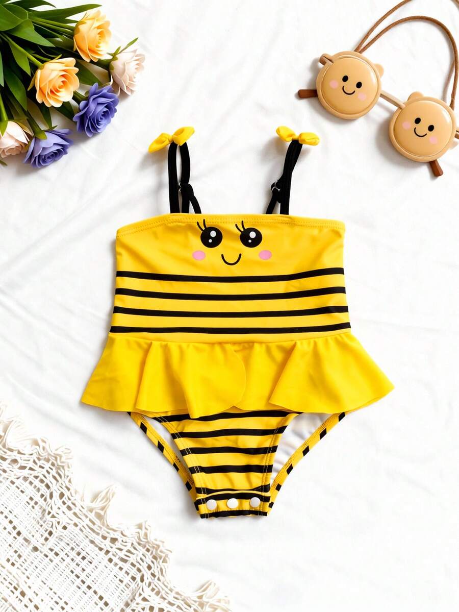 Newborn Baby Girl Cute Yellow Bee Ruffle One-Piece Swimsuit - Yellow - View 1