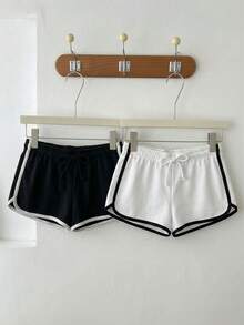 Attitoon 2pcs Women's Casual Shorts, Black & White, Suitable For Summer - Multicolor - View 3