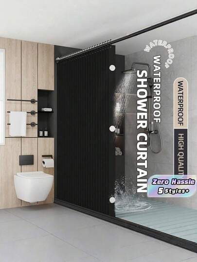 1pc Premium Easy Folding Shower Curtain, Thickened Fabric, Waterproof & Mildew Resistant, With Hanging Hooks, Easy Installation, Foldable, Magnetic & Hanging Strap Design, Convenient Storage, Suitable For Hotel & Home Bathroom Shower