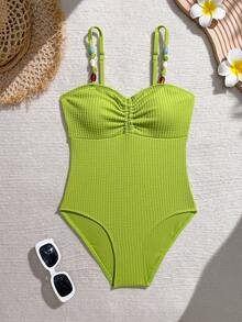 SHEIN Girls'Lime Green One-Piece Beaded Swimsuit,Cute Summer Beach Holiday Bathing Suit For Tweens,Elegant Solid Color Tankini Swimwear For 12 Year Old - Green - View 1